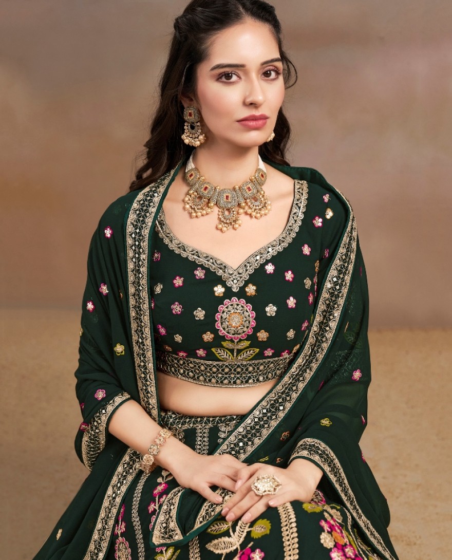 6008-GREEN - Stunning Green Thread Work Georgette Engagement Wear Lehenga With Blouse